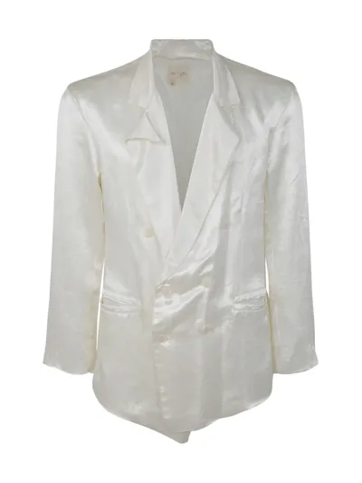 Greg Lauren Ivory Satin Double Breasted Blazer In White