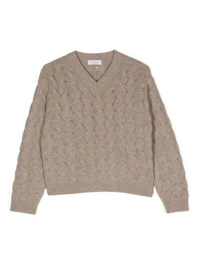 Brunello Cucinelli Glitter-detail Cable-knit Jumper In Nude