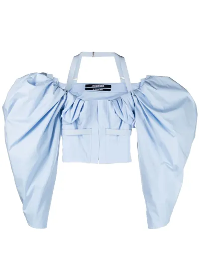 Jacquemus Off-shoulder Poplin Blouse In Blue