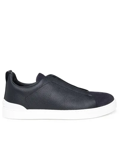 Zegna Leather Triple Stitch Sneakers In Blue