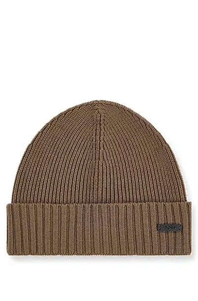 Hugo Boss Ribbed Beanie Hat In Responsible Virgin Wool In Green 361