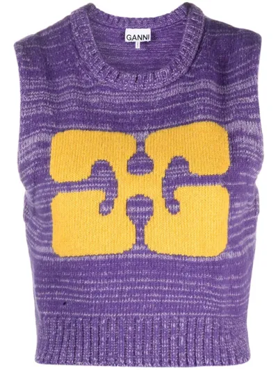 Ganni Logo-print Cropped Vest In Purple