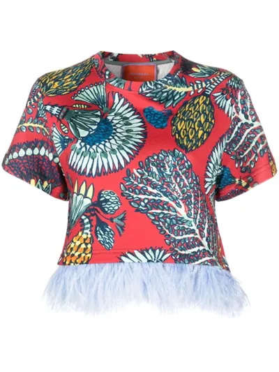 La Doublej La Scala Feather-trim Cotton T-shirt In Red