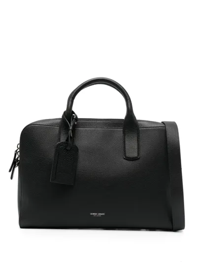 Giorgio Armani Leather Logo Briefcase In Black