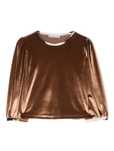 Colorichiari Kids' Long-sleeved Velvet Blouse In Brown