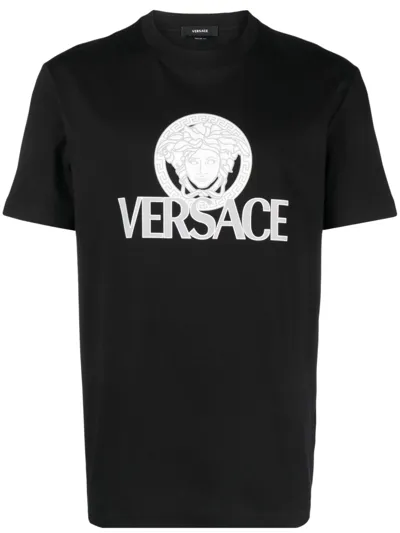 Versace Logo Printed Cotton T-shirt In Black