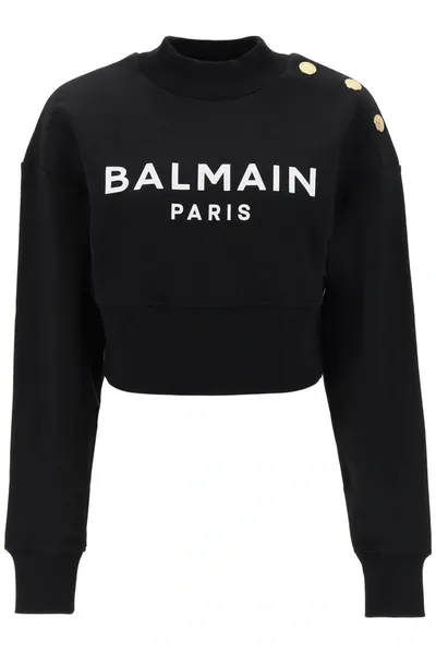 Balmain Logo Printed Cropped Sweatshirt In Black