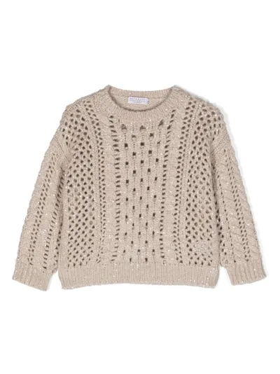 Brunello Cucinelli Kids' Sequin-embellished Open-knit Jumper In Neutrals