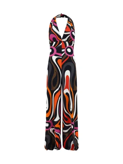 Pucci Printed Halterneck Jumpsuit In Nero/fuxia