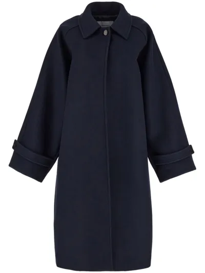 Ferragamo Wool Button-front Overcoat In New Navy Blue