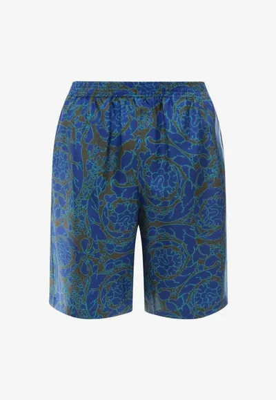 Versace Barocco Silk Bermuda Shorts In Blue