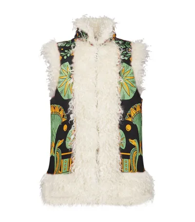 La Doublej Faux Fur-trimmed Printed Vest In Black