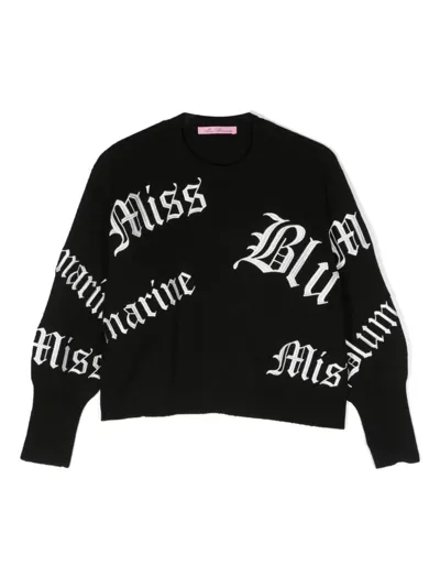 Miss Blumarine Kids' Logo-embroidered Knitted Jumper In Black