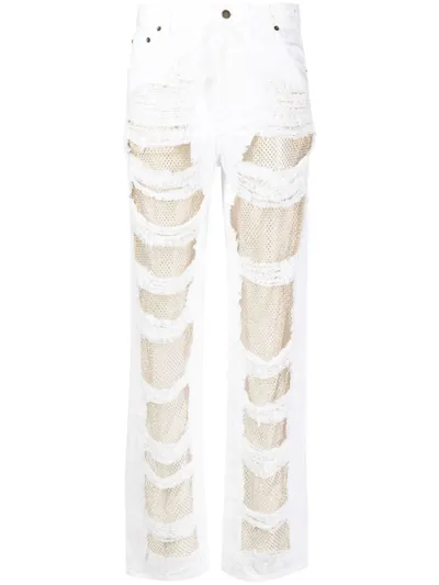 Darkpark Karen Shredded Crystal-panel Straight-leg Jeans In White