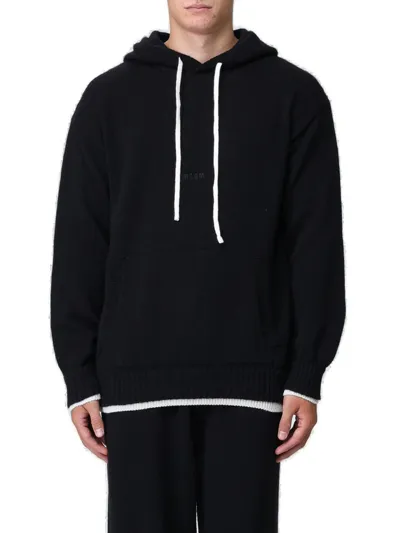 Msgm Logo Printed Drawstring Knit Hoodie In Black