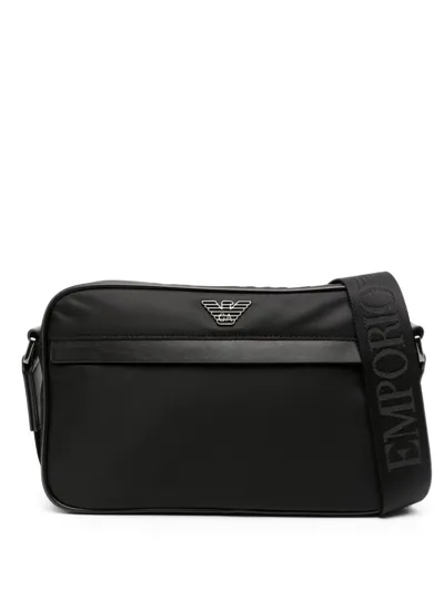 Emporio Armani Enamelled Logo-plaque Crossbody Bag In Black