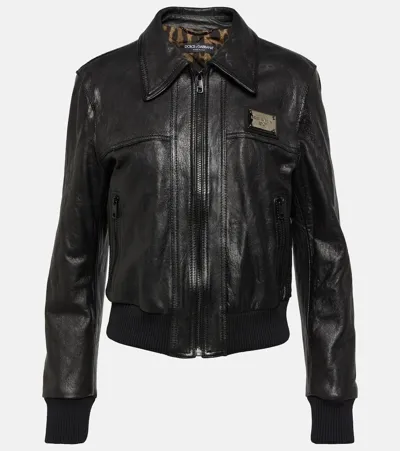 Dolce & Gabbana Logo Leather Jacket In Black