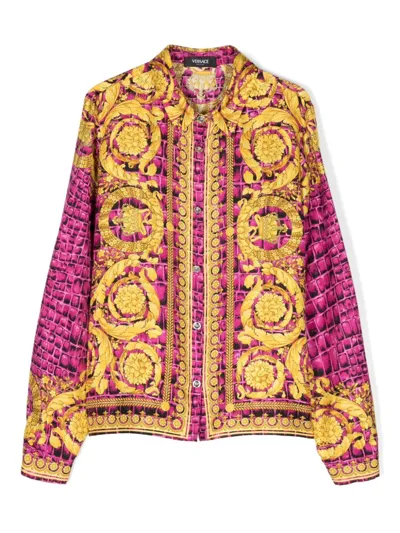 Versace Barocco Kids Print Silk Shirt In 粉色