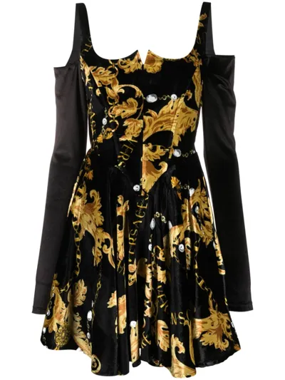 Versace Jeans Couture Velvet Print Chain Dress In Negro