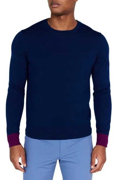 Redvanly Windward Contrast Cuff Merino Wool Sweater In Navy