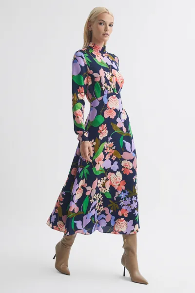 Florere Navy  Floral Long Sleeve Midi Dress