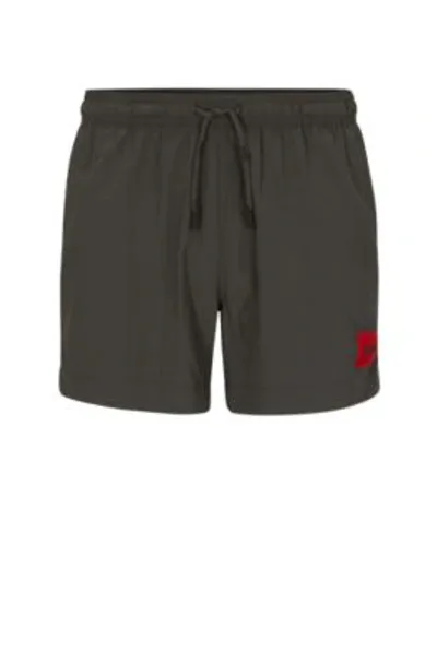 Hugo Quick-dry Swim Shorts With Red Logo Label In Dark Grey