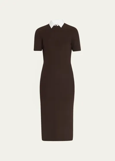 Ralph Lauren Convertible Poplin-trimmed Ribbed-knit Midi Dress In Brown