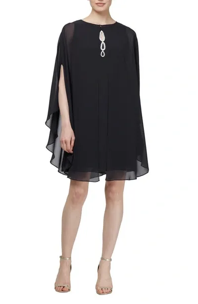 Sl Fashions Embellished Chiffon Cocktail Dress With Capelet In Black