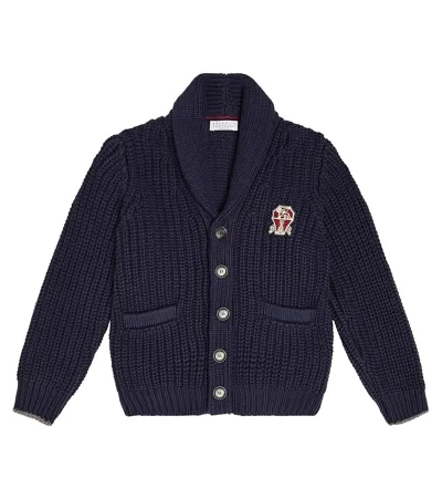 Brunello Cucinelli Kids' Logo-patch Knitted Cotton Cardigan In Blue