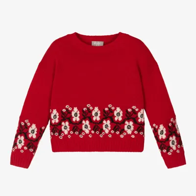 Il Gufo Kids' Floral-embroidery Virgin Wool Jumper In Red