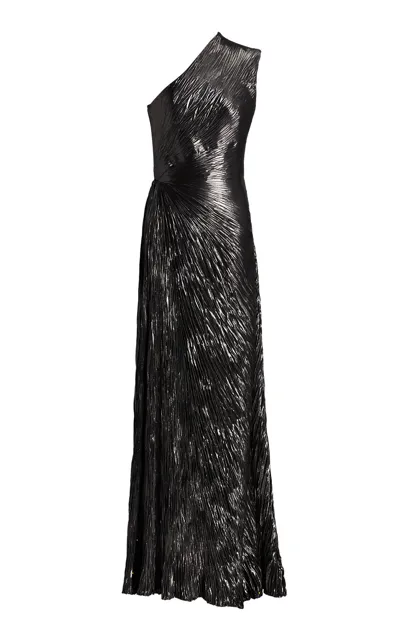 Ralph Lauren Hadlea One-shoulder Plisse Metallic-silk Gown In Grey