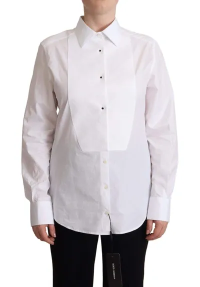 Dolce & Gabbana White Cotton Dress Collared Long Sleeves Shirt Top