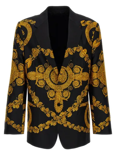 Versace Maschera Baroque Print Blazer In Black Gold