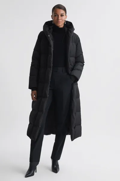 Reiss Black Larissa Long Belted Puffer Coat