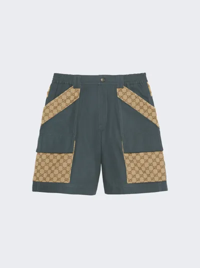 Gucci Cotton Canvas Bermuda Short With Gg Inserts In Green