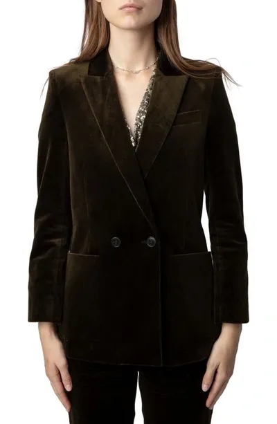 Zadig & Voltaire Double-breasted Velvet Blazer In Green