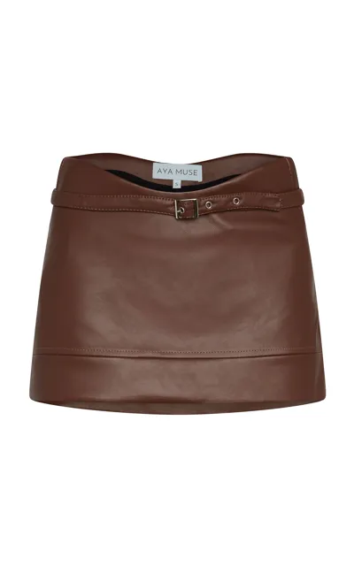 Aya Muse Stru Curved Faux Leather Mini Skirt In Brown