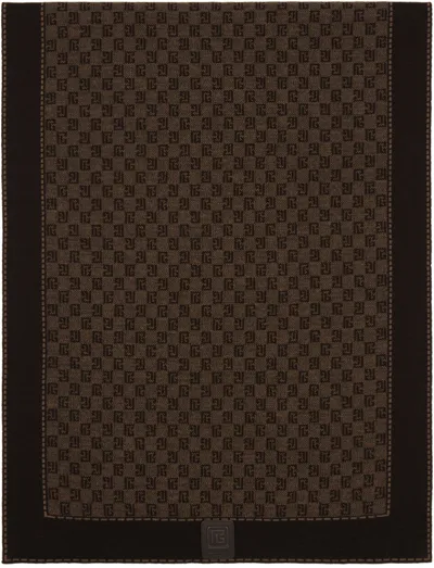 Balmain Monogrammed Fine Knit Scarf In Brown