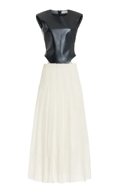 Gabriela Hearst Mina Leather Bodice Pleated Wool-cashmere Maxi Dress In Black,white