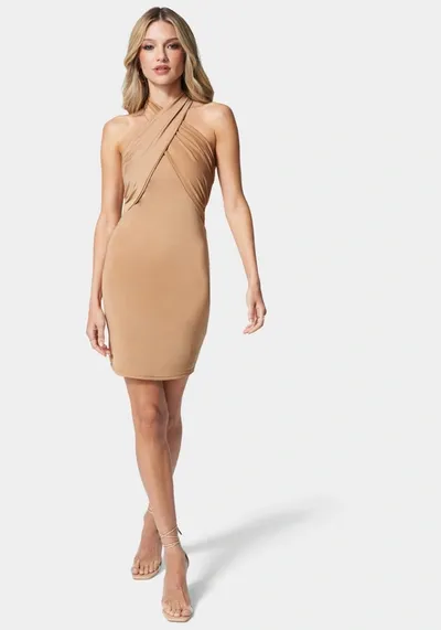 Bebe Cross Front Halter Neck Mini Dress In Toasted Almond