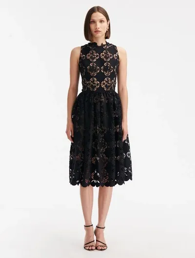 Oscar De La Renta Gardenia Guipure Eyelet Dress In Black