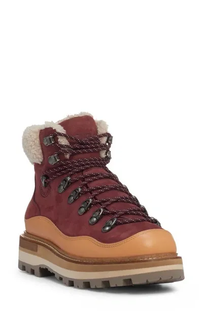 Moncler Peka Trek Shearling-trimmed Suede Hiking Boots In Burgundy