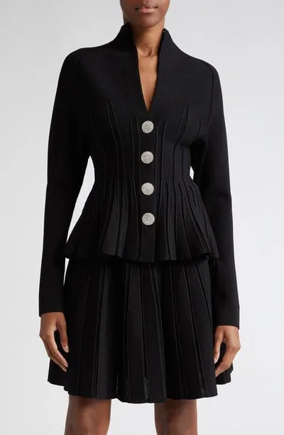 Balmain V-neck Ribbed Peplum Basque Cardigan In Black