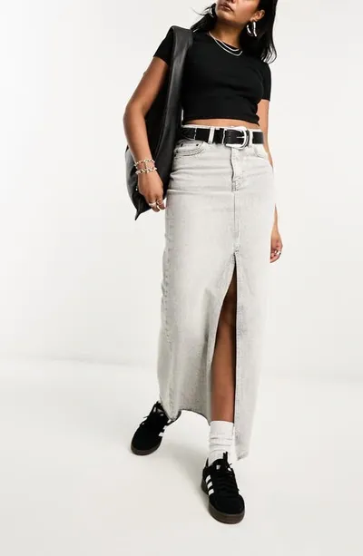 Asos Design Denim Maxi Skirt In Washed Gray In White