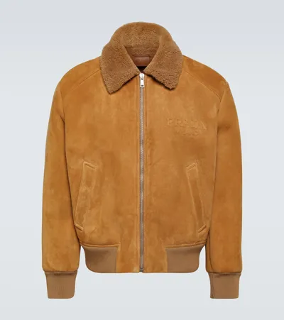 Prada Shearling-trimmed Suede Bomber Jacket In Brown