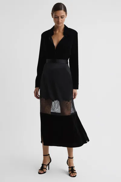 Reiss Black Fitted Satin-velvet Midi Skirt