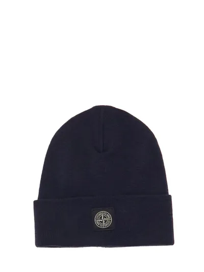 Stone Island Logo Patch Beanie Hat In Blue