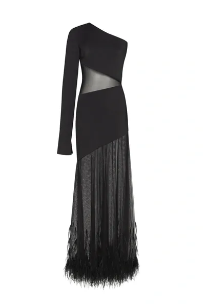 Milla One-shoulder Maxi Dress With Feather-trimmed Bottom, Xo Xo In Black