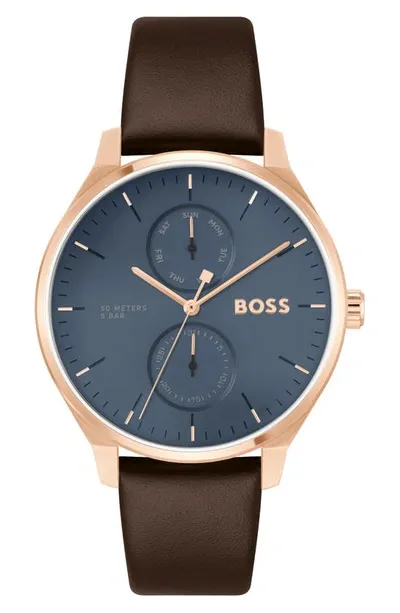 Hugo Boss Gold-tone Watch With Blue Dial And Leather Strap Men's Watches In Assorted-pre-pack