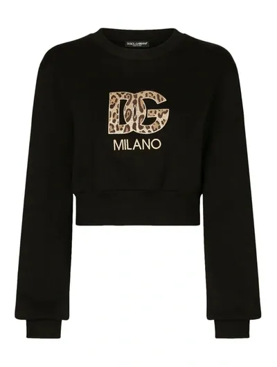 Dolce & Gabbana Logo-patch Cotton Cropped Sweatshirt In Black